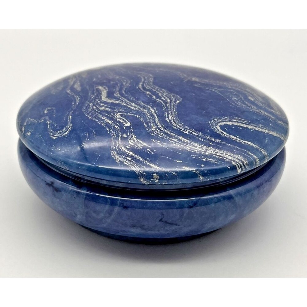 Volterra Alabaster Trinket Box Blue Swivel Top Ducceschi Italy Hand Carved VTG